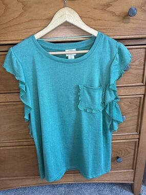 Telluride Clothing Company Ruffled Sleeve Shirt Womens Large Blue Green Granola